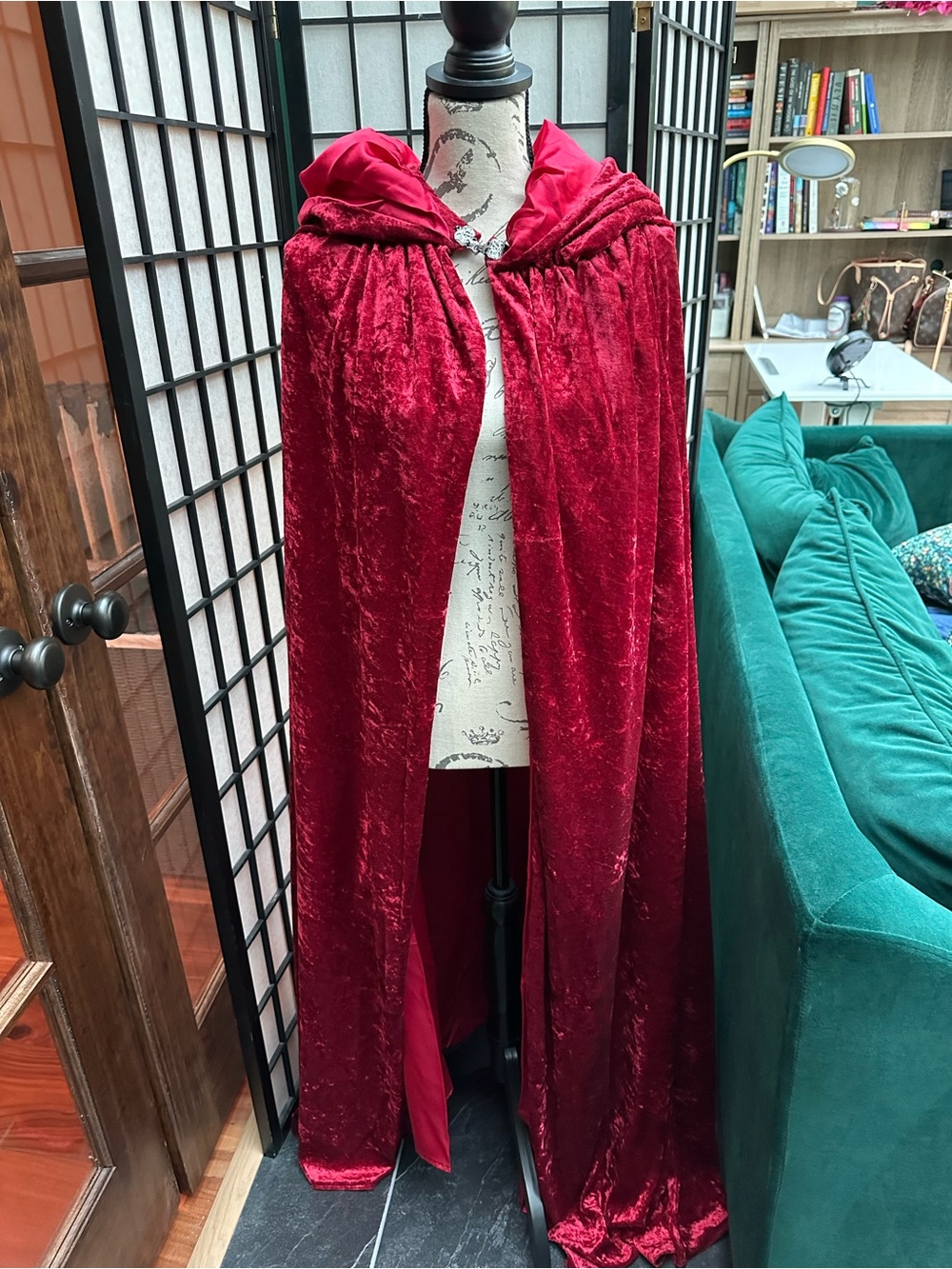 Velvet Hooded Cloak in Deep Red
